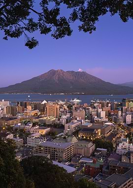 Kagoshima Kyushu Cityscape with Volcano Sakurajima at Dusk