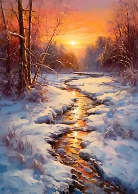 Winter Sunset Over Snowy Stream