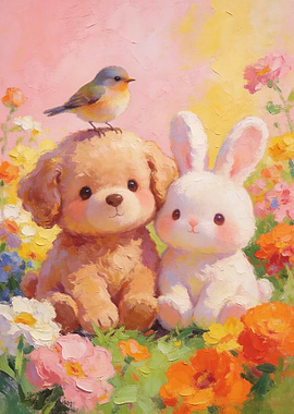 Cute Puppy, Bunny, and Bird in Flowers