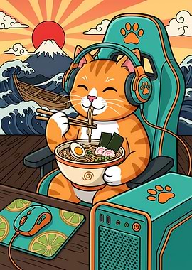 Gamer Cat Eating Ramen Mount Fuji