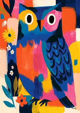 Vivid Fauvist Owl Colorful Folk Wall Art