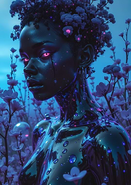 Neon Cyborg Goddess Poster – Futuristic Floral Android Portrait | Cyberpunk Wall Art