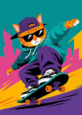Skateboarding Cat in Pop Art Style