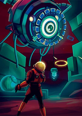 Astronaut facing a giant robotic eye