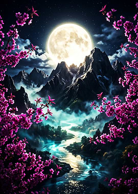 Moonlit Mountain River with Cherry Blossoms