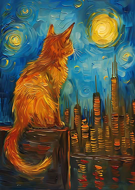 Cat looking at starry city night