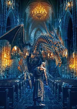 Man confronts mechanical dragon in church
