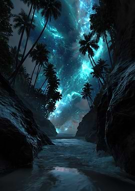 Tropical Beach Under a Cosmic Sky