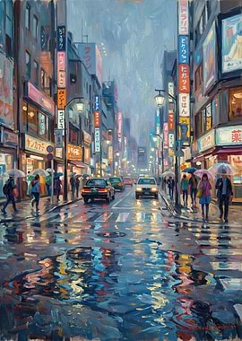 Rainy Tokyo Street Scene Painting