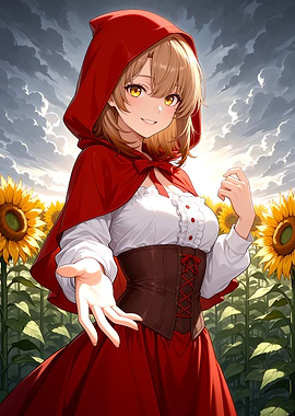 Little Red Riding Hood in Sunflower Field