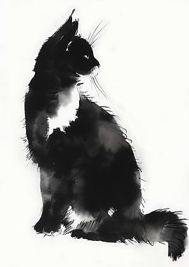Ink Painting of a Black Cat