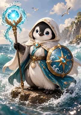 Penguin Mage with Water Staff and Shield