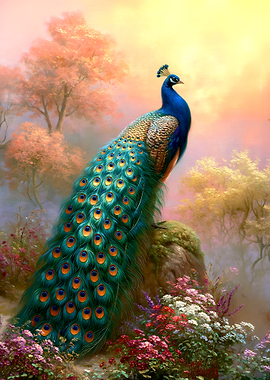 Majestic Peacock in a Floral Garden