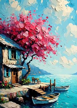 Seaside Cottage with Cherry Blossoms