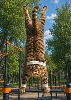 Cat doing a handstand on a bar