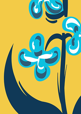 Abstract Blue Flowers on Yellow Background