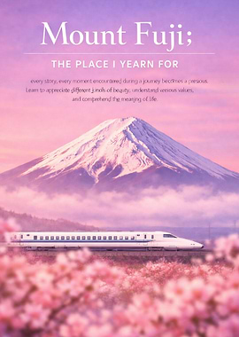 Mount Fuji with Bullet Train and Cherry Blossoms