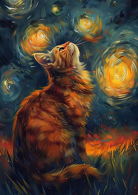 Cat Looking at Starry Night Sky