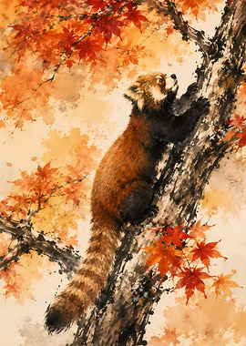 Red Panda Climbing Tree with Autumn Leaves