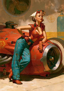 Retro Mechanic Pin-Up Girl with Race Car