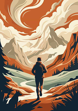 Hiker and Dog in Mountain Landscape
