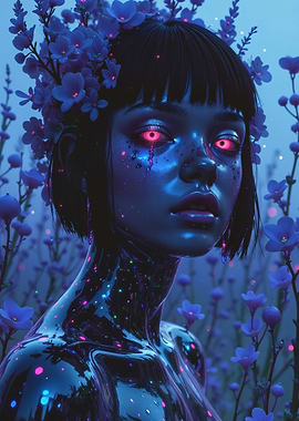 Neon Cyborg Flower Poster – Futuristic Android Girl in Blue Bloom | Cyberpunk Wall Art