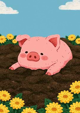 Cute Pig in a Flower Field
