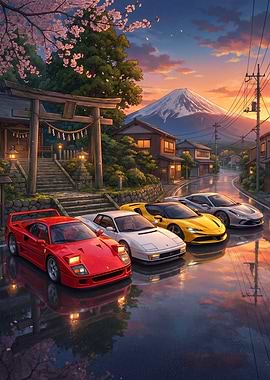 Japanese Sunset with Ferraris and Mt. Fuji
