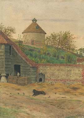 Farmyard Scene with Dog and Pigeon Tower