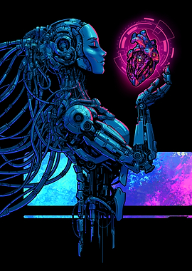 Cybernetic Woman Holding Mechanical Heart