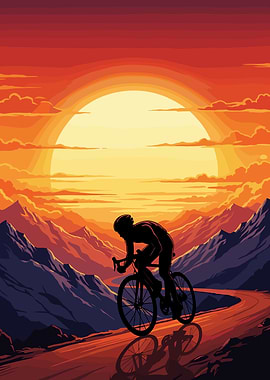 Cyclist at Sunset in Mountains