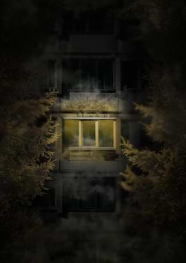 Mysterious Lit Window in Foggy Night