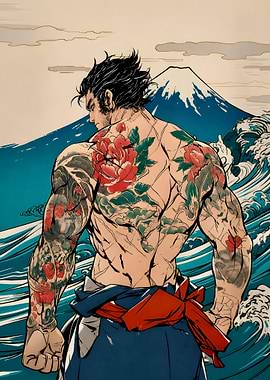 Tattooed Man with Mount Fuji and Waves