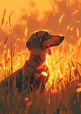 Dachshund in Golden Hour Grass - Cozy Sunset Dog