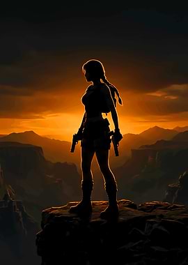 Lara Croft silhouette at sunset