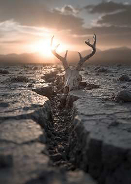 Deer Skull in Cracked Earth at Sunset