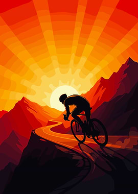 Cyclist on mountain road at sunset