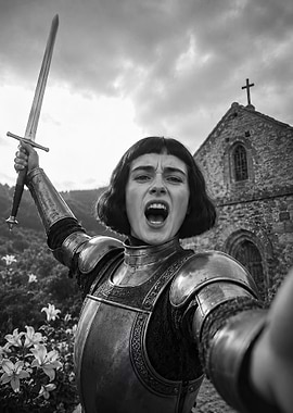 Joan of Arc in Armor with Sword Selfie
