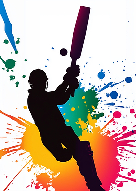 Cricket Player Silhouette with Colorful Splashes