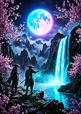 Samurai by Waterfall Under Moon