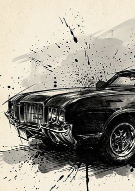Vintage Car Sketch with Splatter Effect Poster Design Art
