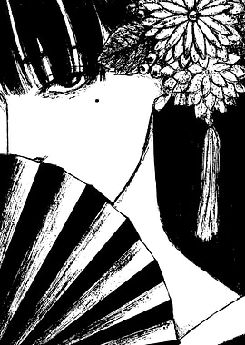 Manga-style woman with fan and flowers