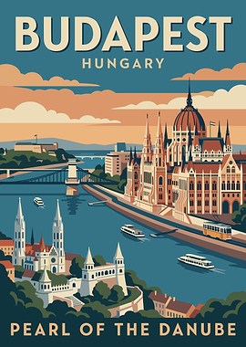 Budapest Pearl of the Danube Vintage Poster