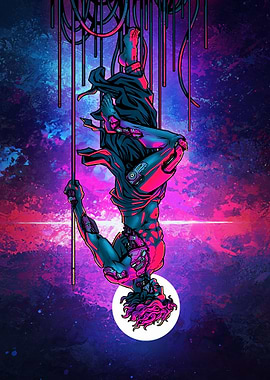 Cyberpunk Figure in Cosmic Background