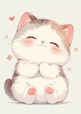 Cute Kawaii Cat with Pink Flowers