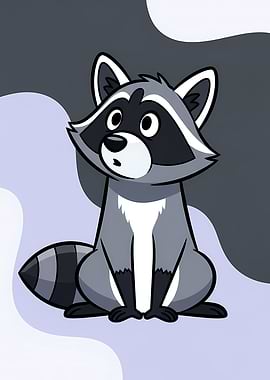 Animal Cute Cartoon Raccoon Sitting with Curious Look on Artistic
