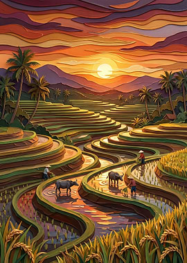 Sunset Over Rice Terraces with Farmers and Buffaloes
