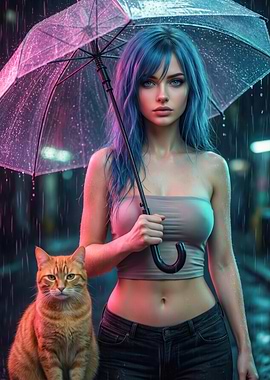 Woman with Blue Hair and Cat in Rain