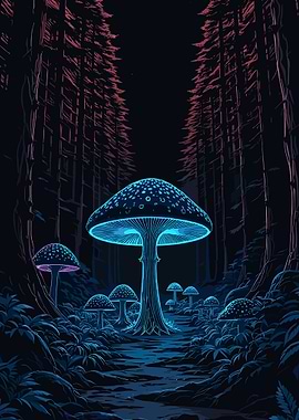 Bioluminescent Forest Poster, Mystical Mushroom Wall Art, Surreal Night Nature Print