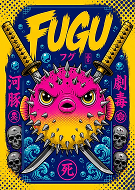 Fugu Pufferfish with Swords and Skulls